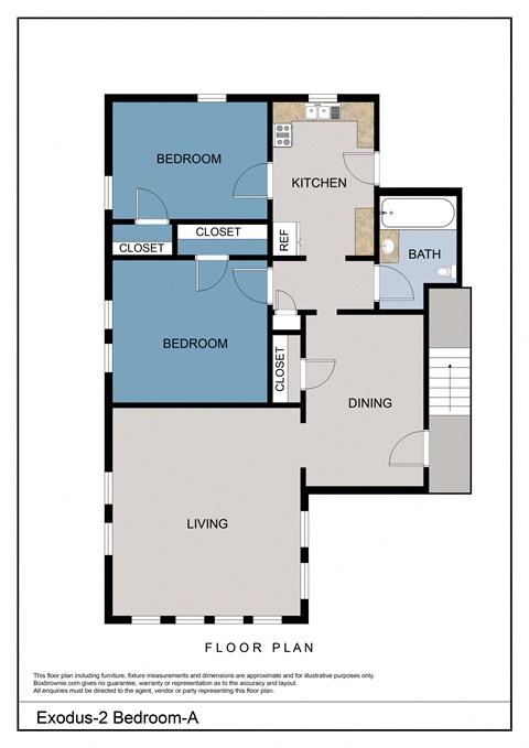 Floor plan for 2 beds, 1 bath, 961 sqft